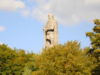 statue of the first german chancellor and rich founder Otto von Bismarck near the Landungsbrücken in Hamburg in Germany