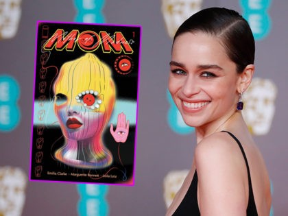 (INSET: Cover of Clarke's debut comic series MOM: Mother of Madness) British actress Emili