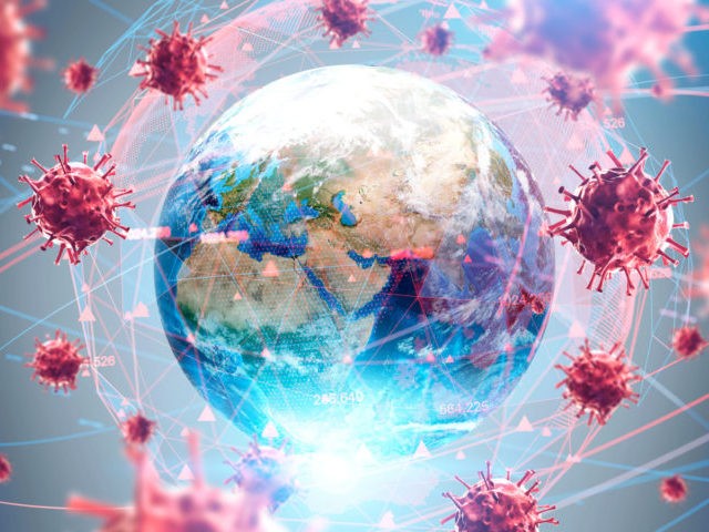 Coronavirus Asian flu ncov over Earth background and its blurry hologram. Concept of cure