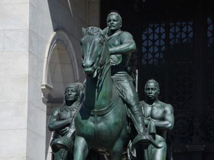 The Theodore Roosevelt Equestrian Statue, which sits on New York City public park land is seen in front of the The American Museum of Natural History on Central Park West entrance June 22,2020. - The American Museum of Natural History will remove the Theodore Roosevelt from its entrance after objections …