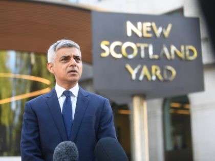LONDON, ENGLAND - SEPTEMBER 25: Mayor of London Sadiq Khan makes a statement to media at New Scotland Yard on September 25, 2020 in London, England. A murder investigation has been launched following the death of a police officer at the Croydon Custody Centre in south London. He was shot …