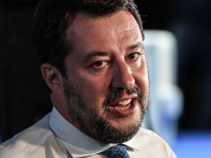 Head of the far-right Lega party and Italian senator, Matteo Salvini speaks to the media w
