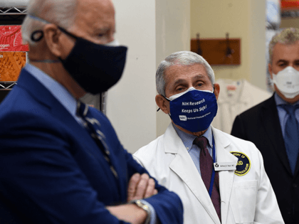 White House Chief Medical Adviser on Covid-19 Dr. Anthony Fauci (C) looks on as US President Joe Biden (L) tours the Viral Pathogenesis Laboratory at the National Institutes of Health (NIH) in Bethesda, Maryland, February 11, 2021. (Photo by SAUL LOEB / AFP) (Photo by SAUL LOEB/AFP via Getty Images)