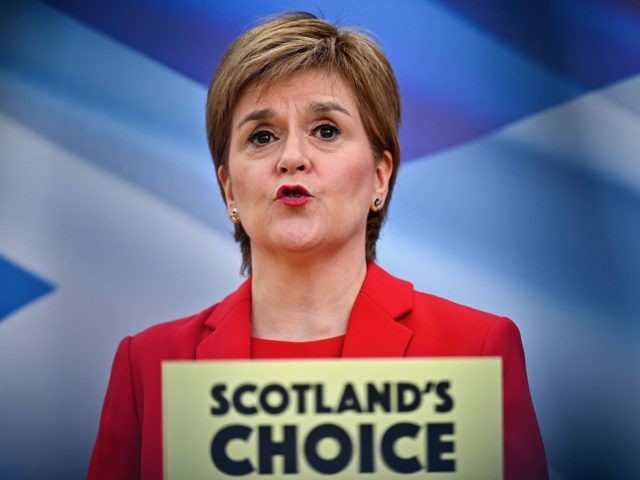 Scotland's First Minister and leader of the Scottish National Party (SNP) Nicola Sturgeon, launches the party's Election Manifesto in Glasgow on April 15, 2021, during campaigning for the Scottish Parliamentary elections. - Scotland holds elections for its devolved parliament in Edinburgh on May 6 and the SNP hopes to use …