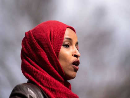 BROOKLYN CENTER, MN - APRIL 20: Rep. Ilhan Omar (D-MN) speaks during a press conference at a memorial for Daunte Wright on April 20, 2021 in Brooklyn Center, Minnesota. Twenty-year-old Daunte Wright was shot and killed during a traffic stop on April 11, 2021 by Brooklyn Center police officer Kim …