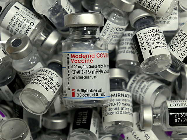 Empty vials of different vaccines by Moderna, Pfizer-BioNTech and AstraZeneca against Covid-19 caused by the novel coronavirus are pictured at the vaccination center in Rosenheim, southern Germany, on April 20, 2021, amid the novel coronavirus / COVID-19 pandemic. (Photo by Christof STACHE / AFP) (Photo by CHRISTOF STACHE/AFP via Getty …