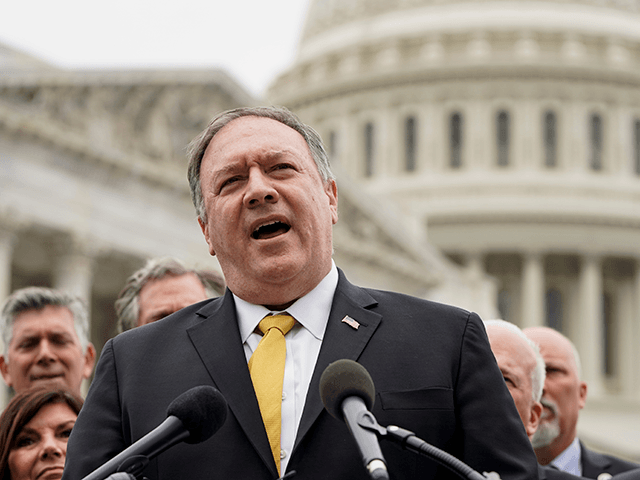 Former Secretary of State Mike Pompeo speaks to the media with members of the Republican Study Committee about Iran on April 21, 2021 in Washington, DC. The group has proposed legislation that would expand sanctions on Iran and aim to prevent the U.S. reentering the Iran deal. (Photo by Joshua …