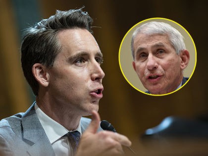 (INSET: Anthony Fauci) WASHINGTON, DC - APRIL 27: Senator Josh Hawley (R-MO) speaks during