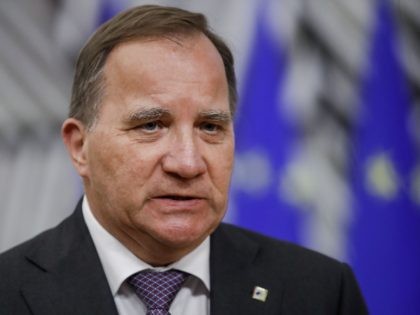 Sweden's Prime Minister Stefan Lofven talks to the press as he arrives for an EU summit at the European Council building in Brussels on May 24, 2021. - European Union leaders take part in a two day in-person meeting to discuss the coronavirus pandemic, climate and Russia. (Photo by Olivier …