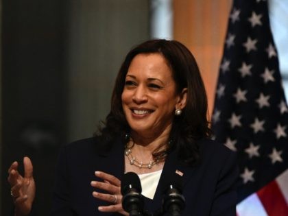 US Vice-President Kamala Harris gestures during a joint press conference with Guatemalan President Alejandro Giammattei (out of frame) at the Culture Palace in Guatemala City on June 7, 2021. - Harris arrived in Guatemala Sunday, bringing a message of "hope" to a region hammered by Covid-19 and which is the …