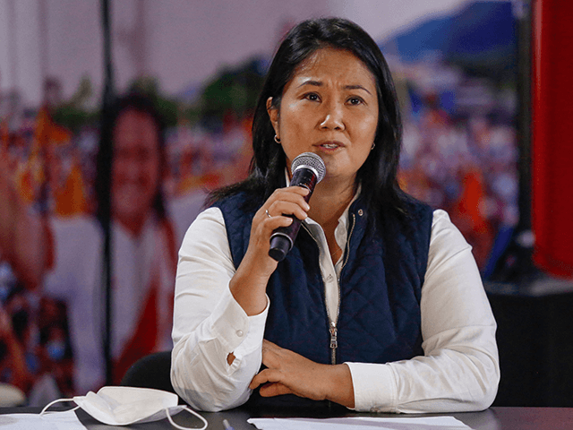 Peruvian right-wing presidential candidate for Fuerza Popular, Keiko Fujimori, speaks during a press conference at her party headquarters in Lima on June 7, 2021. - Peru's right-wing presidential candidate Keiko Fujimori on Monday raised allegations of "irregularities" and "signs of fraud" in Sunday's election as her rival, far-left trade unionist …