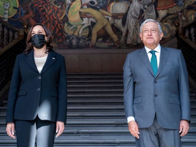 Vice President Kamala Harris and Mexican President Andres Manuel Lopez Obrador arrive at the Palacio Nacional before they witness the signing of a memorandum of understanding between the US and Mexico establishing a strategic partnership to cooperate on development programs in the Northern Triangle on June 8, 2021 in Mexico …