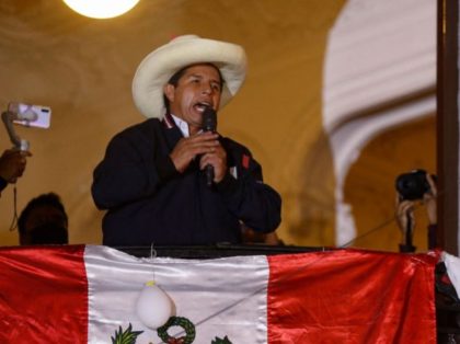 Peruvian leftist presidential candidate Pedro Castillo of Peru Libre talks to supporters f