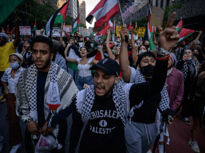 Demonstrators shout slogans and wave flags as they march during an 'emergency rally to def