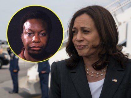 (INSET: Nina Simone) ATLANTA, GA - JUNE 18: U.S. Vice President Kamala Harris speaks with the media at Hartsfield Jackson International Airport before boarding Air Force Two back to Washington DC on June 18, 2021 in Atlanta, Georgia. Vice President Harris is visiting Atlanta as part of a nationwide tour …