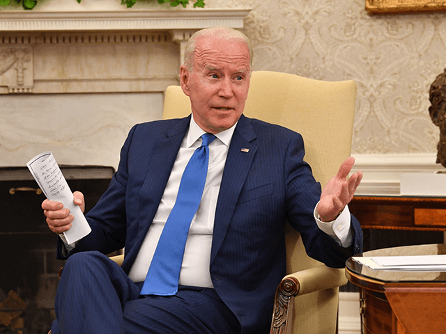 US President Joe Biden speaks during a meeting with President of Afghanistan Ashraf Ghani