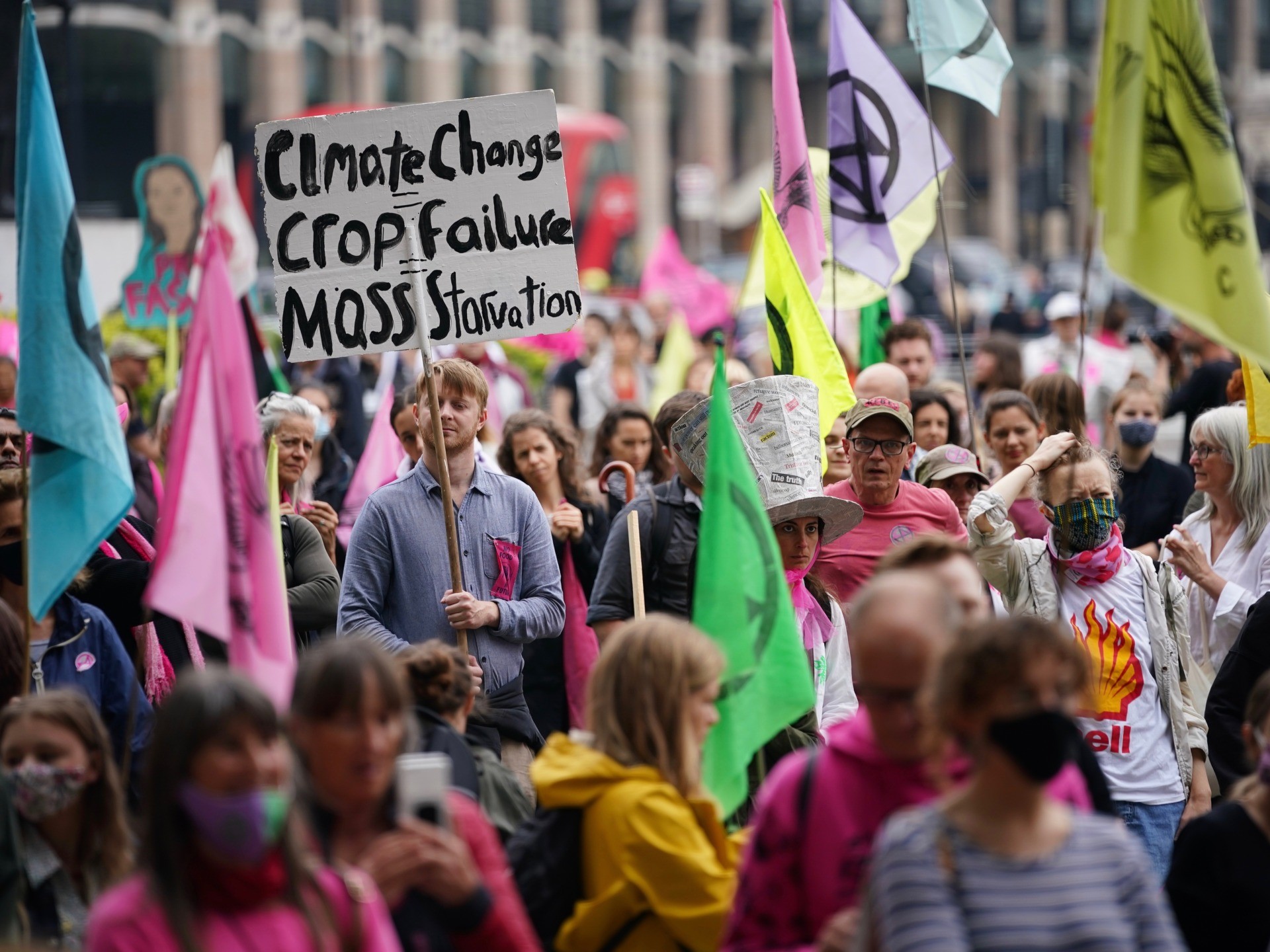 Extinction Rebellion demonstrators in Parliament Square, London, during the protest group's "free the press" campaign. Picture date: Sunday June 27, 2021. (Photo by Aaron Chown/PA Images via Getty Images)
