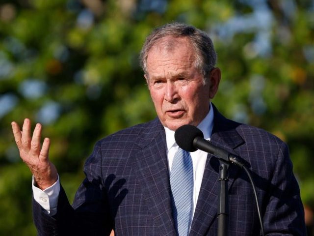 JUNO BEACH, FLORIDA - MAY 07: Former U.S. President George W. Bush speaks during the flag raising ceremony prior to The Walker Cup at Seminole Golf Club on May 07, 2021 in Juno Beach, Florida. (Photo by Cliff Hawkins/Getty Images)