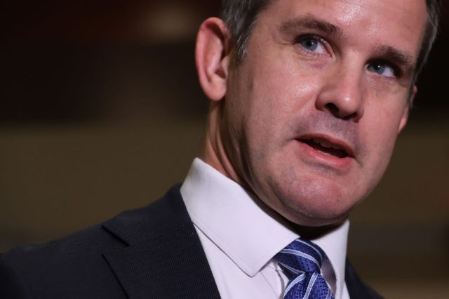 WASHINGTON, DC - MAY 12: Rep. Adam Kinzinger (R-IL) talks to reporters follow a House Republican conference meeting in the U.S. Capitol Visitors Center on May 12, 2021 in Washington, DC. GOP members decided to remove Conference Chair Liz Cheney (R-WY) from her leadership position after she become a target …