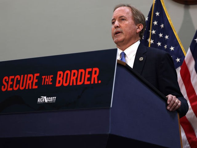 WASHINGTON, DC - MAY 12: Texas Attorney General Ken Paxton speaks at a news conference on the U.S. Southern Border and President Joe Biden’s immigration policies, in the Hart Senate Office Building on May 12, 2021 in Washington, DC. Homeland Security Secretary Alejandro Mayorkas will testify on May 13 before …
