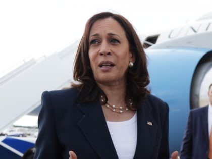 GREER, SOUTH CAROLINA - JUNE 14: U.S. Vice President Kamala Harris speaks to members of the press as her press secretary Symone D. Sanders looks on at Greenville-Spartanburg International Airport before she boards Air Force Two to return to Washington, DC, June 14, 2021 in Greer, South Carolina. Vice President …