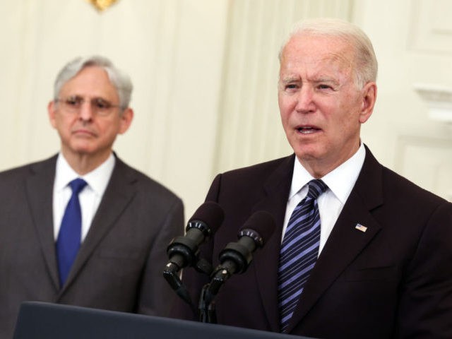 WASHINGTON, DC - JUNE 23: U.S. President Joe Biden, joined Attorney General Merrick Garland, speaks on gun crime prevention measures at the White House on June 23, 2021 in Washington, DC. Biden outlined new measures to curb gun violence including stopping the flow illegal guns and targeting rogue gun dealers. …