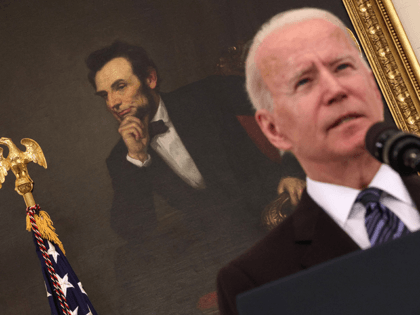 A portrait of President Abraham Lincoln is seen as President Joe Biden speaks on gun crime prevention measures at the White House on June 23, 2021 in Washington, DC. President Joe Biden pledged to aggressively go after illegal gun dealers and to boost federal spending in aid to local law …