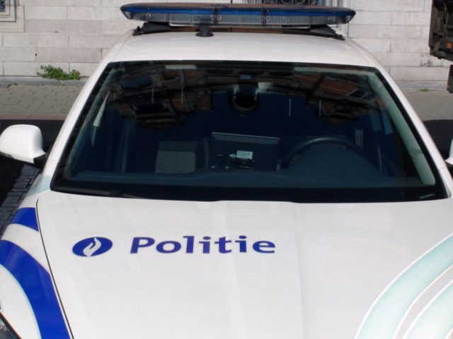 Antwerp, Belgium - July 6, 2016: Close Up Scene Of Belgium Police Land Vehicle Parked On T
