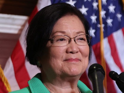 WASHINGTON, DC - APRIL 22: Sen. Mazie Hirono (D-HI) speaks during a news conference with Senate Majority Leader Charles Schumer (D-NY) following the passage of the COVID-19 Hate Crimes Act in the Mansfield Room at the U.S. Capitol on April 22, 2021 in Washington, DC. Sponsored by Hirono, the COVID-19 …