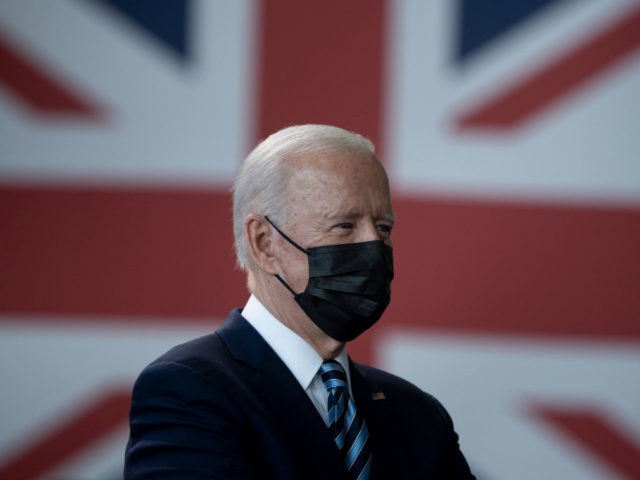 US President Joe Biden prepares to address US Air Force personnel and their families stationed at Royal Air Force Mildenhall, Suffolk, England on June 9, 2021, ahead of the three-day G7 Summit. - G7 leaders from Canada, France, Germany, Italy, Japan, the UK and the United States meet this weekend …