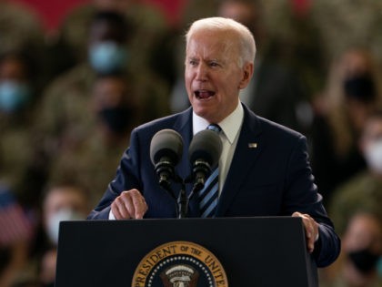MILDENHALL, ENGLAND - JUNE 09: US President Joe Biden addresses US Air Force personnel at RAF Mildenhall in Suffolk, ahead of the G7 summit in Cornwall, on June 9, 2021 in Mildenhall, England. On June 11, Prime Minister Boris Johnson will host the Group of Seven leaders at a three-day …