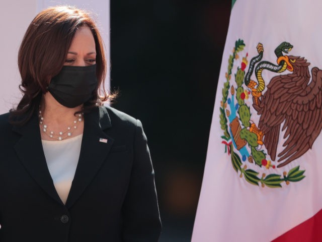 MEXICO CITY, MEXICO - JUNE 08: Vice President of US Kamala Harris looks on during the signing of a memorandum of understanding focused on immigration issues in America at Palacio Nacional on June 08, 2021 in Mexico City, Mexico. (Photo by Hector Vivas/Getty Images)
