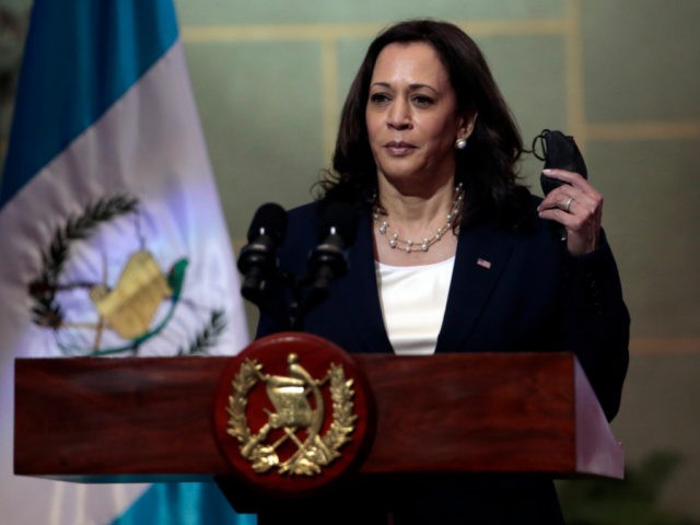 Vice President Kamala Harris removes her mask, amid the COVID-19 pandemic, at the start of