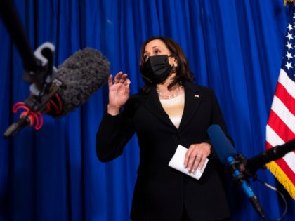 Vice President Kamala Harris speaks to the traveling press corps, Tuesday, June 8, 2021, a