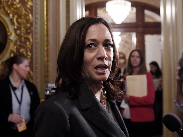 US Vice President Kamala Harris speaks to reporters after the US Senate voted on the election bill known as the For the People Act, at the US Capitol in Washington, DC, on June 22, 2021. (Photo by Olivier DOULIERY / AFP) (Photo by OLIVIER DOULIERY/AFP via Getty Images)