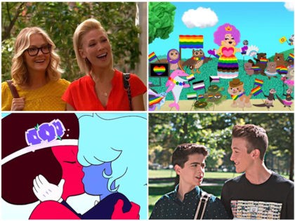 From top left going clockwise, two moms on Good Luck Charlie, Blue's Clues Pride Parade, Cyrus Goodman and his boyfriend on the Disney TV Show, Andi Mack, and a lesbian wedding on Steven Universe. (Disney, Nickelodeon, Cartoon Network)