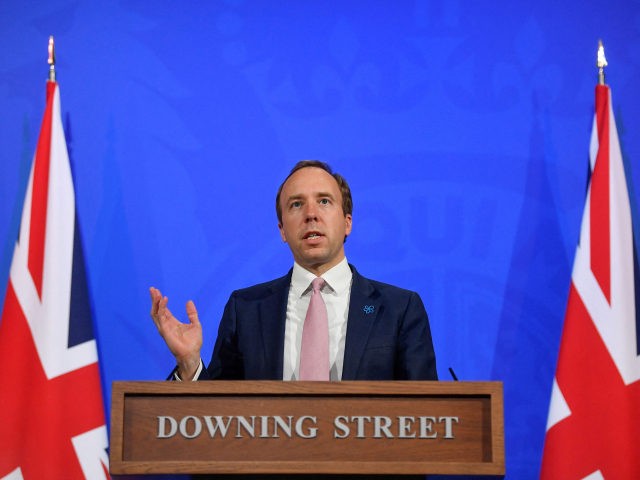 Britain's Health Secretary Matt Hancock gives an update on the coronavirus Covid-19 pandemic during a virtual press conference inside the Downing Street Briefing Room in central London on May 19, 2021. (Photo by TOBY MELVILLE / POOL / AFP) (Photo by TOBY MELVILLE/POOL/AFP via Getty Images)