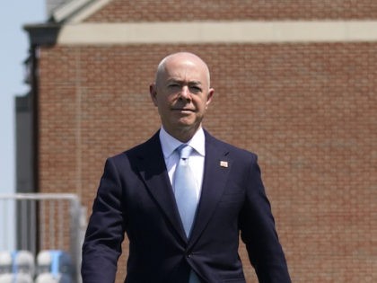 Homeland Security Secretary Alejandro Mayorkas arrives for the commencement for the United States Coast Guard Academy in New London, Conn., Wednesday, May 19, 2021. (AP Photo/Andrew Harnik)