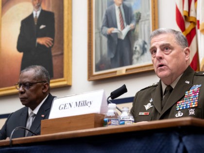 General Mark Milley (R), Chairman of the Joint Chiefs of Staff, and US Secretary of Defense Lloyd Austin III (L) testifies on the department's fiscal year 2022 budget request during a House Armed Services Committee hearing on Capitol Hill in Washington, DC, on June 23, 2021. (Photo by SAUL LOEB …