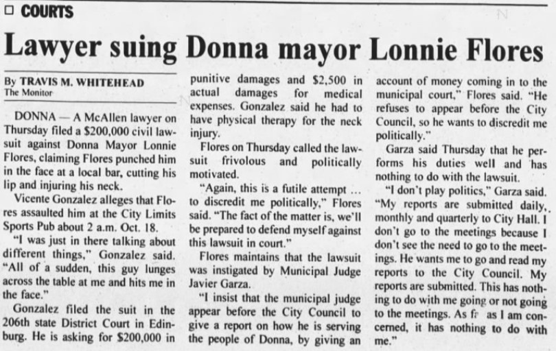 (Travis M. Whitehead, “Lawyer suing Donna mayor Lonnie Flores,” The Monitor, 12/29/2000)