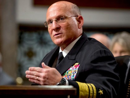 FILE - In this Wednesday, July 31, 2019 file photo, Vice Adm. Michael Gilday appears before the Senate Armed Services Committee on Capitol Hill in Washington for his confirmation hearing to be an admiral and Chief of Naval Operations. On Tuesday, Oct. 29, 2019 Gilday, now the chief of naval …