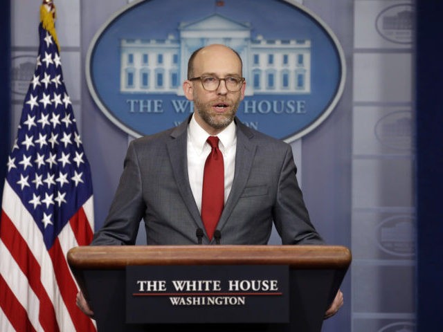 Acting OMB Director Russ Vought speaks during a press briefing at the White House, Monday, March 11, 2019, in Washington. (AP Photo/ Evan Vucci)