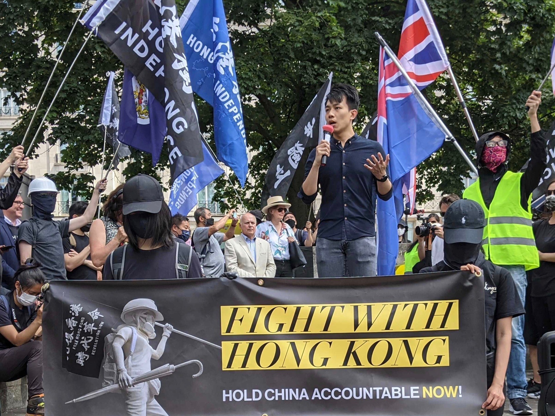 Hong Kong activist Finn Lau, who is living in exile in the UK, addressed the protest at Marble Arch in London. June 12th, 2021. Kurt Zindulka, Breitbart News
