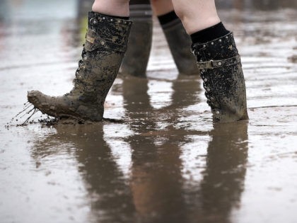 A festival goer in wellies walks through a muddy puddle as she makes her way through the site at Glastonbury Festival of Music and Performing Arts on Worthy Farm near the village of Pilton in Somerset, south-west England, on June 23, 2016. Heavy rain in the days leading up to …