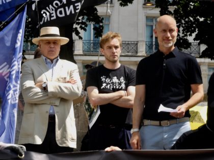 Sir Iain Duncan Smith, Labour MP Stephen Kinnock, and Hong Kong Watch's Luke de Pulford attend a pro-Hong Kong freedom protest in London. June 12th, 2021. Kurt Zindulka, Breitbart News