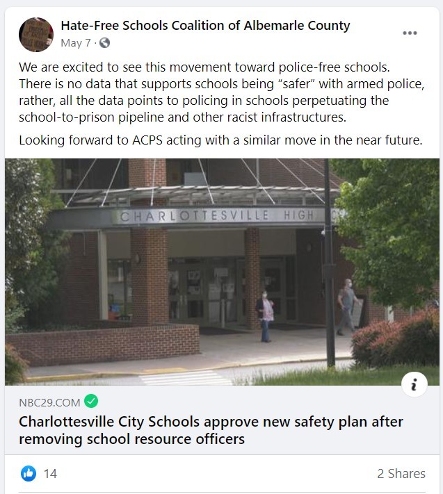 Facebook post of Hate-Free Schools Coalition of Albemarle County. (Screenshot via Facebook).