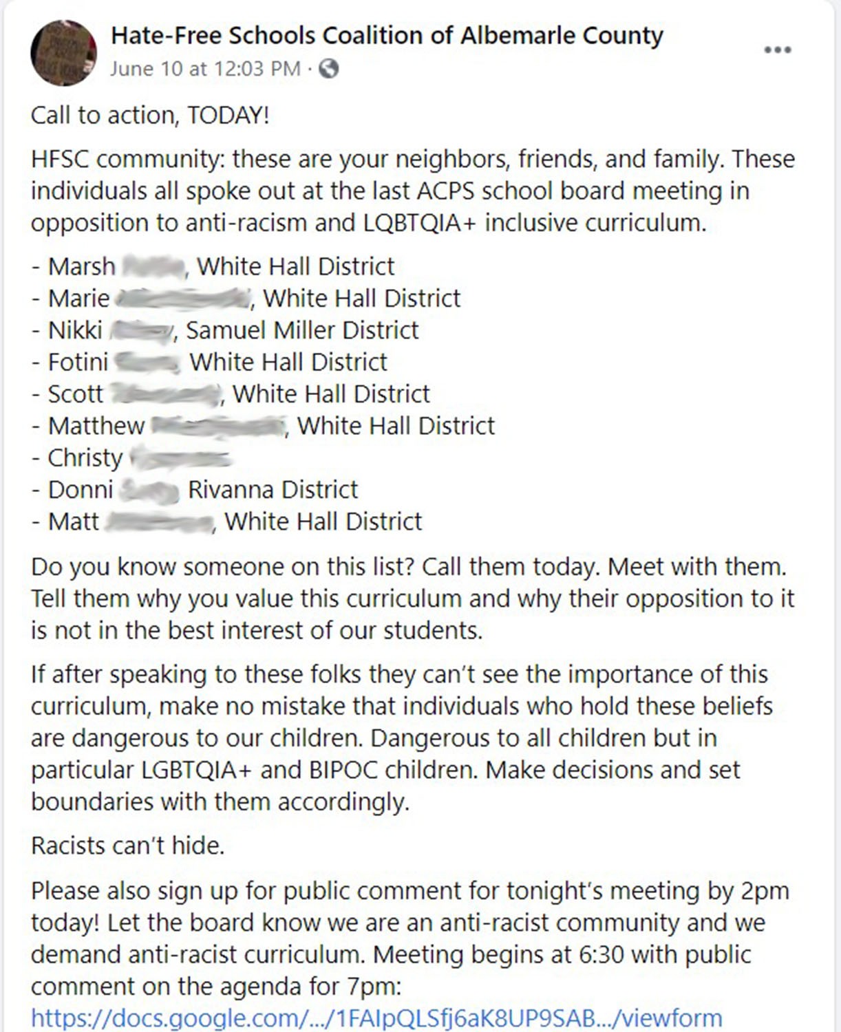 Screenshot. Facebook post of Hate-Free Schools Coalition of Albemarle County calling on its supporters to confront specific persons who spoke against CRT. [Blur added].
