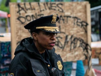 SEATTLE, WA - JULY 01: Seattle Police Chief Carmen Best addresses the press as city crews dismantle the Capitol Hill Organized Protest (CHOP) area outside of the Seattle Police Department's vacated East Precinct on July 1, 2020 in Seattle, Washington. Police reported making at least 31 arrests while clearing the …