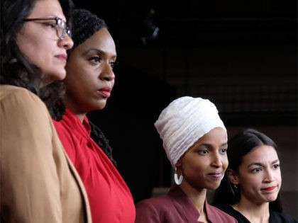WASHINGTON, DC - JULY 15: U.S. Rep. Rashida Tlaib (D-MI), Rep. Ayanna Pressley (D-MA), Rep. Ilhan Omar (D-MN), and Rep. Alexandria Ocasio-Cortez (D-NY) pause between answering questions during a press conference at the U.S. Capitol on July 15, 2019 in Washington, DC. President Donald Trump stepped up his attacks on …