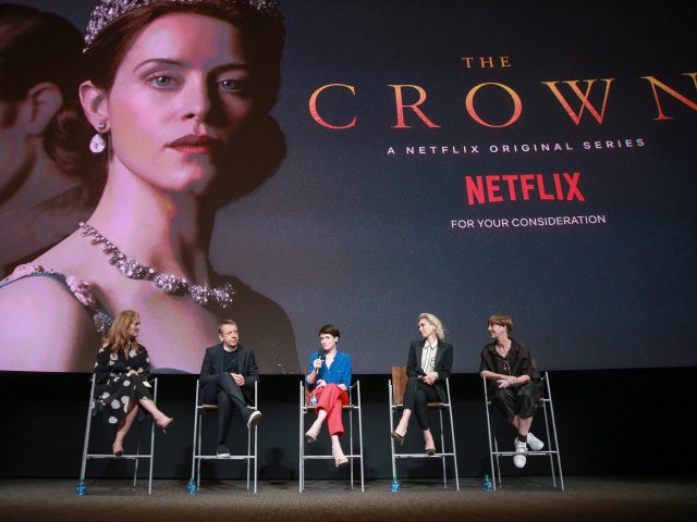 NORTH HOLLYWOOD, CA - APRIL 27: (L-R) Krista Smith, Peter Morgan, Claire Foy, Vanessa Kirby and Jane Petrie speak onstage during the For Your Consideration event for Netflix's "The Crown" at Saban Media Center on April 27, 2018 in North Hollywood, California. (Photo by Rich Fury/Getty Images)